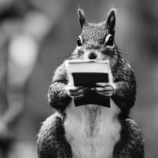 Image similar to photography of a squirrel detective wearing an old grey suit furiously flipping through papers, black and white