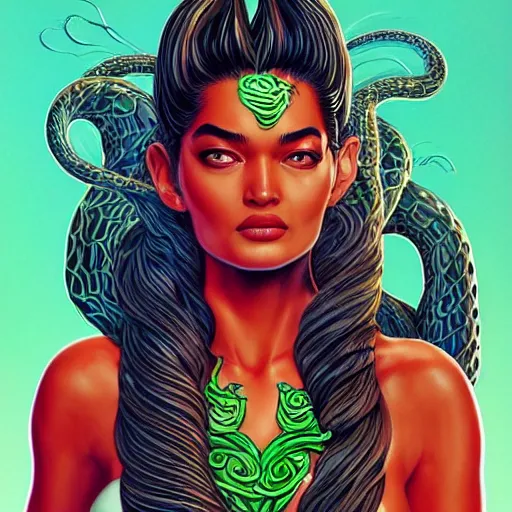 Prompt: Shanina Shaik as Medusa, snakes for hair, highly detailed, digital painting, artstation, concept art, smooth, sharp focus, illustration, art by Chris Achilleos and artgerm, in the style of Medusa (1988) by Chris Achilleos.