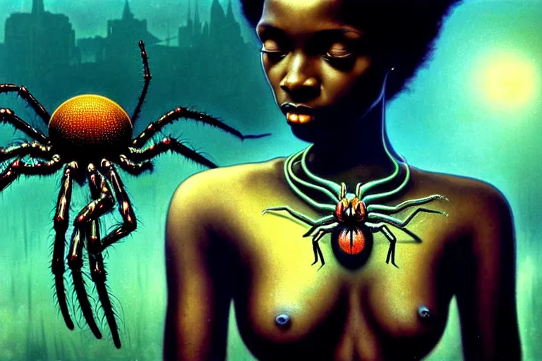 Image similar to realistic detailed photorealistic film closeup portrait shot of a beautiful black woman with a giant spider, sci fi city landscape background by denis villeneuve, amano, yves tanguy, alphonse mucha, ernst haeckel, david lynch, edward robert hughes, roger dean, cyber necklace, dynamic pose, rich moody colours, wide angle