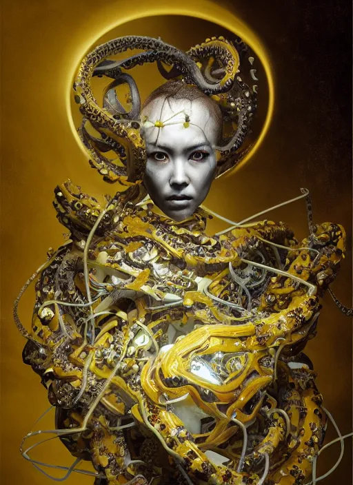 Image similar to portrait of a futuristic geisha octopus cyborg, made from million point clouds, in the style of ghost in the shell, kintsugi, modern fine art, fractal, intricate, elegant, highly detailed, digital photography, subsurface scattering, by jheronimus bosch and greg rutkowski,