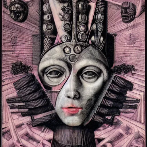 Image similar to post - punk album cover, asymmetrical design, dollar bank, new age, apocalypse, psychedelic, black white pink, magic, giger h. r., giuseppe arcimboldo