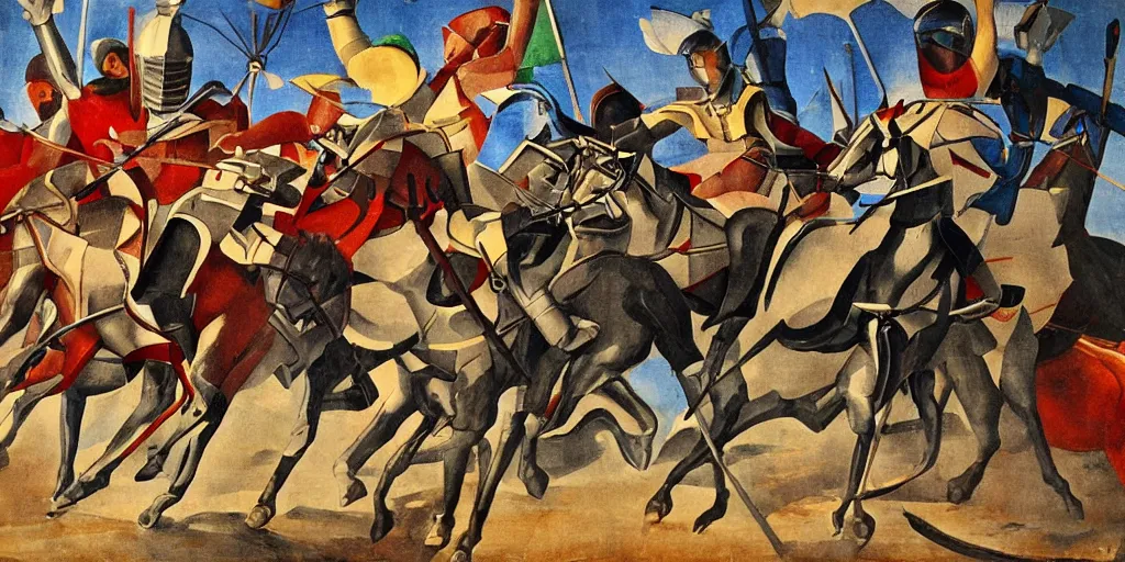 Image similar to italian futurism styled painting of a medieval knight cavalry charge