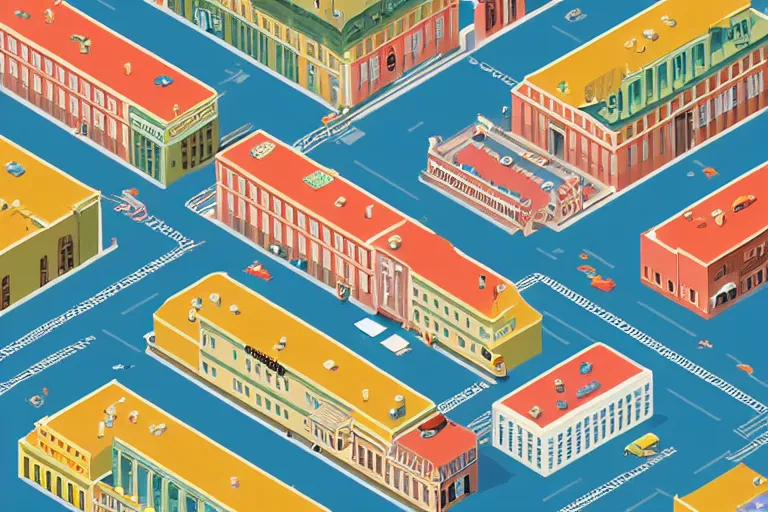 Prompt: highly detailed isometric vector art of a city scape by Wes Anderson, hyperrealistic, photorealistic, artstyle, highly detailed, sharp