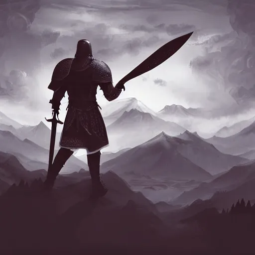 Image similar to Silhouette of a male warrior wearing knight armor holding a sword and shield, facing away towards a mountain in the distance, digital art, digital painting, matte painting, very beautiful, highly detailed, fantasy artwork, dnd