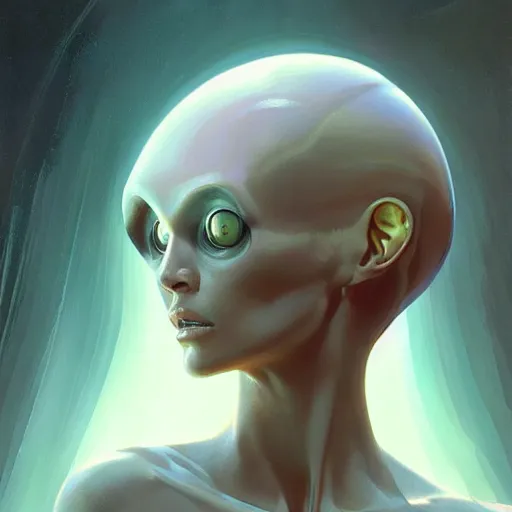 Image similar to A ultradetailed beautiful portrait of a alien , Oil painting, by Ilya Kuvshinov, Greg Rutkowski and moebius, alien art-H 768