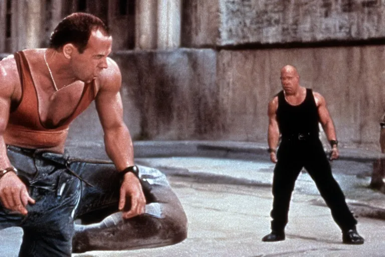 Image similar to film still of Vin Diesel as John McClane in Die Hard 1988