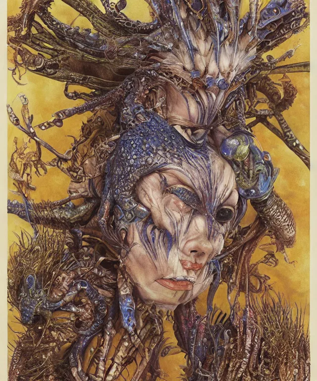 Prompt: a portrait photograph of a fierce sadie sink as an alien harpy queen with blue slimy amphibian skin. she is trying on evil bulbous slimy organic membrane fetish fashion and transforming into a fiery succubus amphibian zebra. by donato giancola, walton ford, ernst haeckel, brian froud, hr giger. 8 k, cgsociety