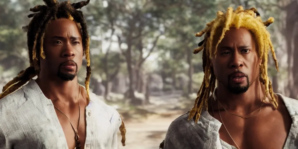 Image similar to a film still of a black man starring in a japanese blockbuster film as eddy gordo from tekken, shallow depth of field, cinematic, award winning cgi, vfx, film still