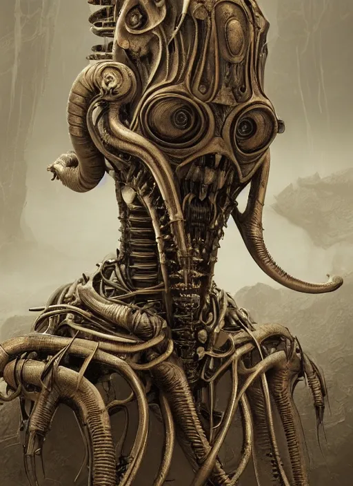 Prompt: a tall biomechanical alien by h. r. giger, highly detailed, intricate, copper metal, steampunkcore, reflective, sepia tone, cinematic, wide angle, unreal engine render 4 k by wayne barlowe, zdzislaw beksinski, artstation