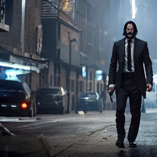 Image similar to john wick with the avengers, dramatic, epic, cinematic, key moment, lighting effects