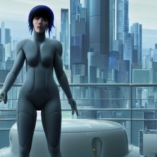 Image similar to « highly detailed, pretty ghost in the shell, photorealistic, enreal engine 5 »