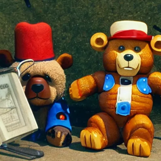 Image similar to “ freddy fazbear and paddington meet in londom in 1 9 8 7. ”