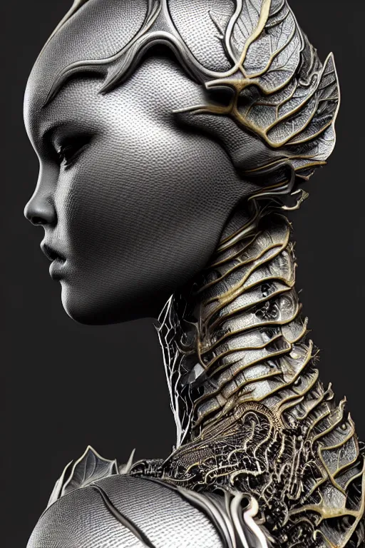 Image similar to bw close - up profile face, black background, beautiful young porcelain vegetal - dragon - cyborg - female, 1 5 0 mm, beautiful natural soft rim light, silver gold details, magnolia leaves and stems, roots, mandelbot fractal, elegant, ultra detailed, white metallic armour, octane render, h. r. giger style