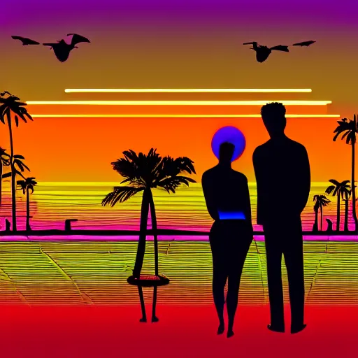 Image similar to a synthwave sunset with a man and woman staring at the sunset