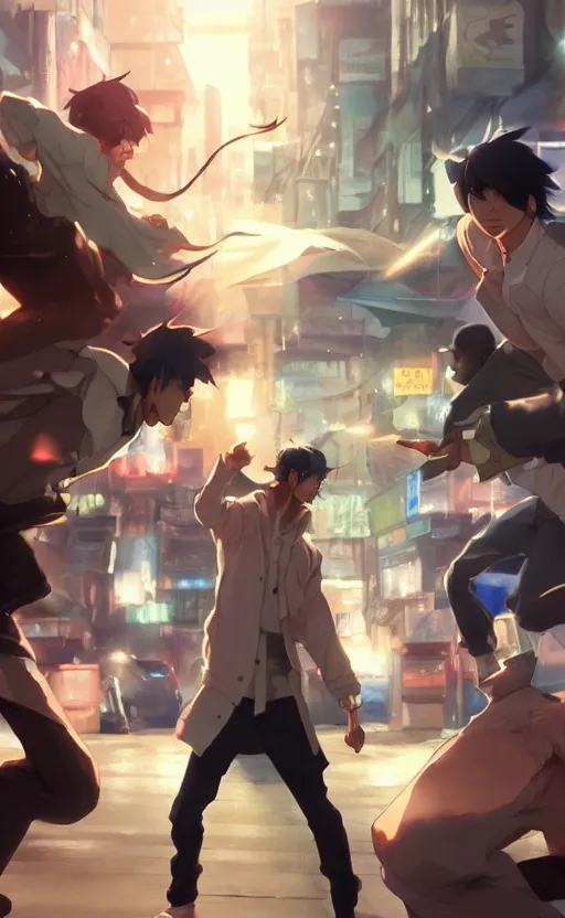 Image similar to a street fight, full shot, atmospheric lighting, detailed faces, by makoto shinkai, stanley artgerm lau, wlop, rossdraws