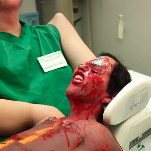 Prompt: a crying blood donor donating green blood in the hospital. green blood is dripping from blood donor's arm on to the floor.