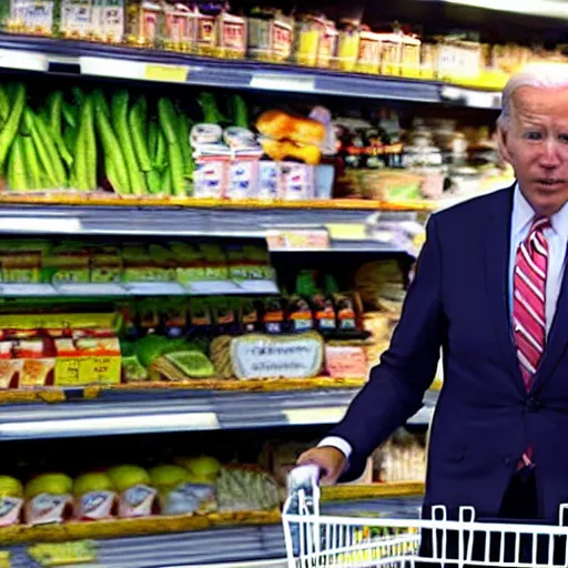 Prompt: joe biden at the grocery store surveillance footage