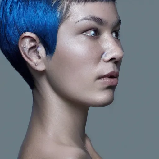 Image similar to intricate portrait, pure skin, short blue hair