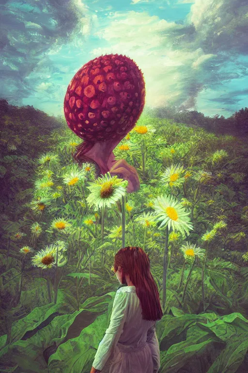 Image similar to closeup, giant daisy flower head, girl between monsteras, surreal photography, wind and cold, dramatic sky, impressionist painting, digital painting, artstation, simon stalenhag