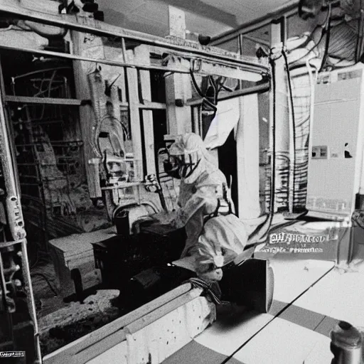 Image similar to cat scientist working at the chernobyl nuclear power plant, black & white photo