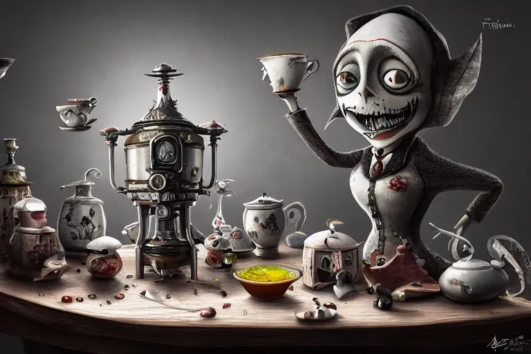 Image similar to a very detailed concept art of tim burton samovar, trending on artstation, digital art, 4 k, hyper realistic, octane render, sharp focus