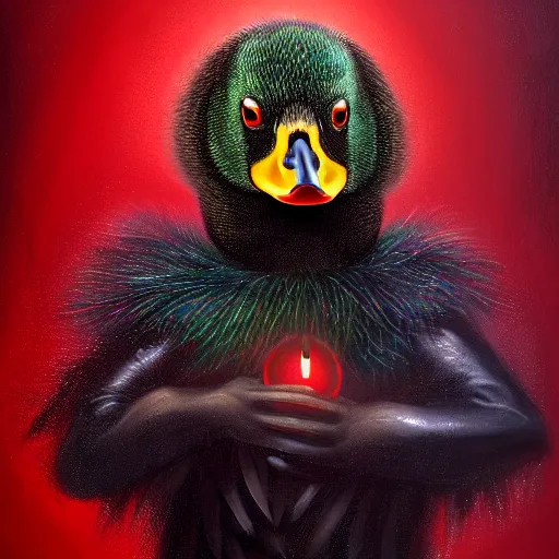 Image similar to portrait of cute mallard duck with black feathers, wearing cultist red robe, inside a castle, black feathers, glowing arcane eyes, ultra detailed, expressive oil painting digital art, octane render, trending on art station,