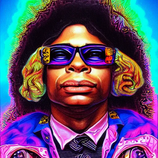 Image similar to an extremely psychedelic portrait of eazy - e, surreal, lsd, face, detailed, intricate, elegant, lithe, highly detailed, digital painting, artstation, concept art, smooth, sharp focus, illustration