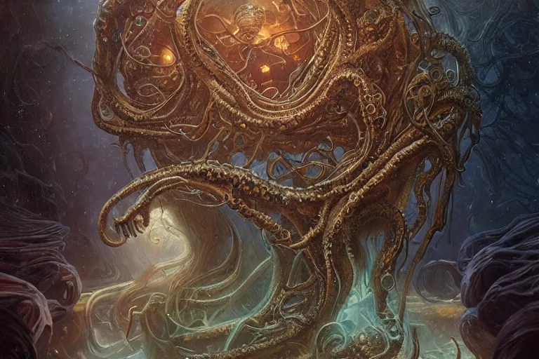 Image similar to a lovecraftian painting of cthulhu face of cosmic horror, cosmic horror elements, ultra realistic, concept art, intricate details, eerie, highly detailed, photorealistic, octane render, 8 k, unreal engine. art by artgerm and greg rutkowski and alphonse mucha