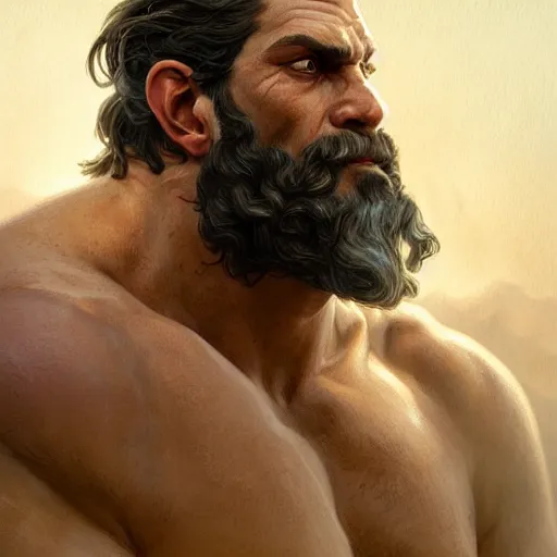 Image similar to portrait of rugged zeus, greek god d & d, muscular, fantasy, intricate, elegant, highly detailed, digital painting, artstation, concept art, smooth, sharp focus, illustration, art by artgerm and greg rutkowski and alphonse mucha