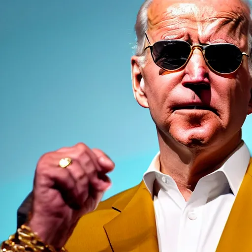 Prompt: Joe Biden dressed in all gold, gold chain, gold glasses, rapping on a stage infront of a crowd