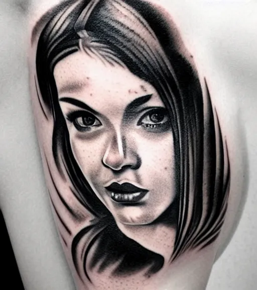 Image similar to tattoo design sketch of a beautiful girl portrait faded in a mountain background, in the style of den yakovlev, black and white, realism tattoo, hyper realistic, highly detailed