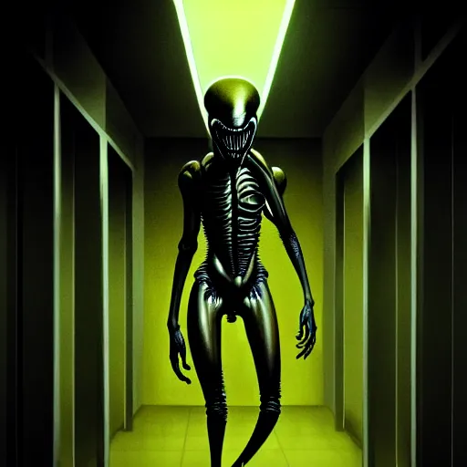 Image similar to black glossy xenomorph, alien movie, endless empty office building, pale yellow wallpaper, moist brown carpet, dim fluorescent lighting, artstation, ultra detailed, creepy, dramatic lighting, photorealistic, art by h. r. giger