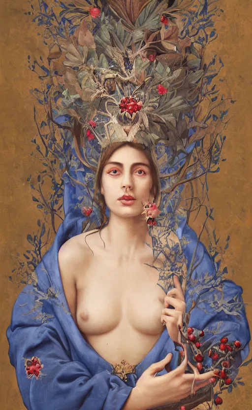 Image similar to a painting of a woman in plain blue robes, hands in lap with scroll, lunar crescent, horned diadem, large cross on chest, palm leaves, pomegranates, a surrealist painting by marco mazzoni, peter mohrbacher, cgsociety, neo - figurative, detailed painting, rococo, oil on canvas, biomorphic, lovecraftian