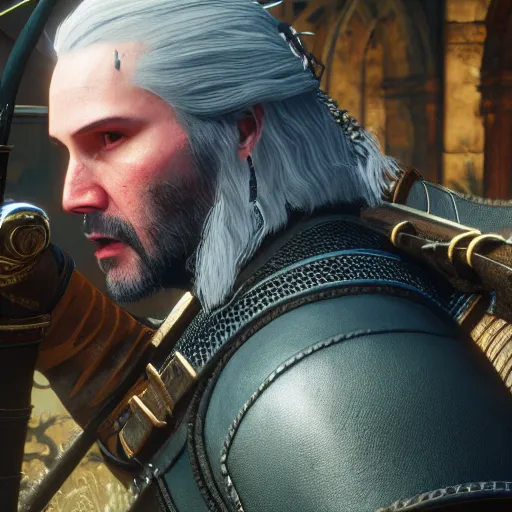 Image similar to of keanu reeves in the witcher 3 as the bard, unreal engine 5 4 k, hyperdetailed, photo realistic