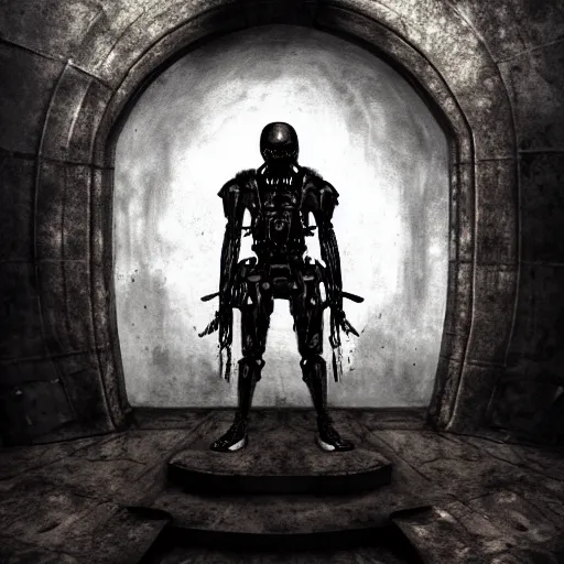 Image similar to full-body dark creepy gothic realistic drawing central composition a decapitated soldier with futuristic elements. he welcomes you under with no head, empty helmet inside is occult mystical symbolism headless full-length view. standing on ancient altar eldritch energies disturbing frightening, hyper realism, 8k, sharpened depth of field, 3D