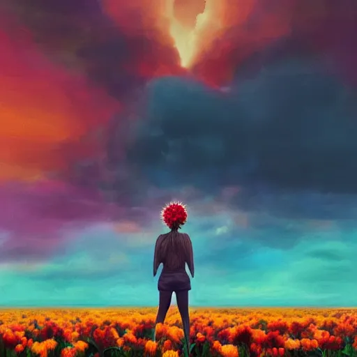 Image similar to giant dahlia flower head, full body girl standing in a flower field, surreal photography, sunrise, dramatic light, impressionist painting, colorful clouds, digital painting, artstation, simon stalenhag