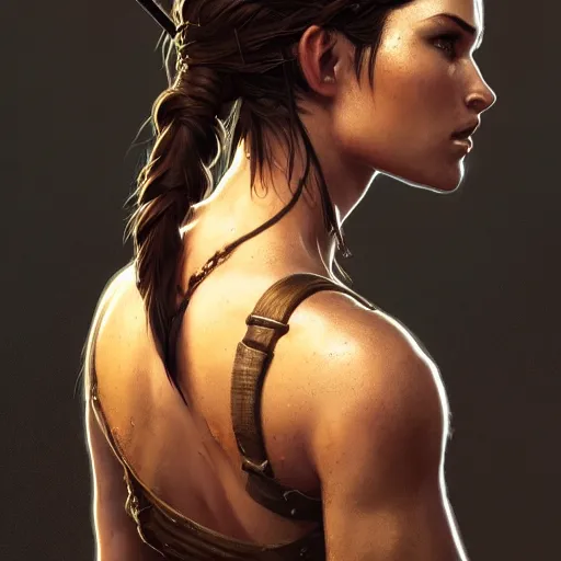 Image similar to back portrait of a rugged Lara Croft, full body, D&D, fantasy, intricate, elegant, highly detailed, digital painting, artstation, concept art, matte, sharp focus, illustration, art by Artgerm and Greg Rutkowski and Alphonse Mucha