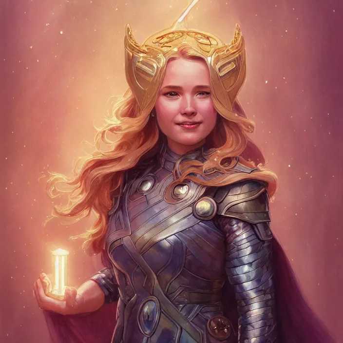 Image similar to smiling beautiful female thor with sparkling eyes, closed up portrait, highly detailed, gold filigree, fantasy, soft cinematic lighting, award, disney concept art, watercolor illustration by mandy jurgens and alphonse mucha and alena aenami, pastel color palette, featured on artstation