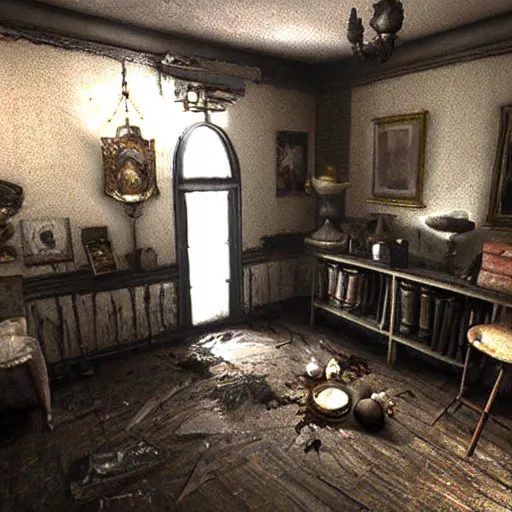 Prompt: room of a dark mansion, objects from ritual in the ground, realistic, highly detailed, background of layers of fear game