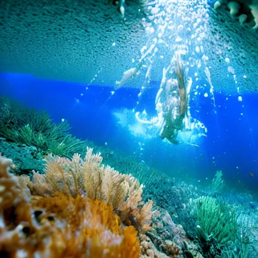 Prompt: an underwater photo of an alien swimming in a coral reef