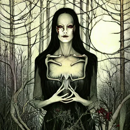 Image similar to an epic horrific wiccan gothic painting of a mother - nature witch cult woman wearing a deer skull, in a moonlit forest by gerald brom by junji ito by vanessa lemen by charlie bowater