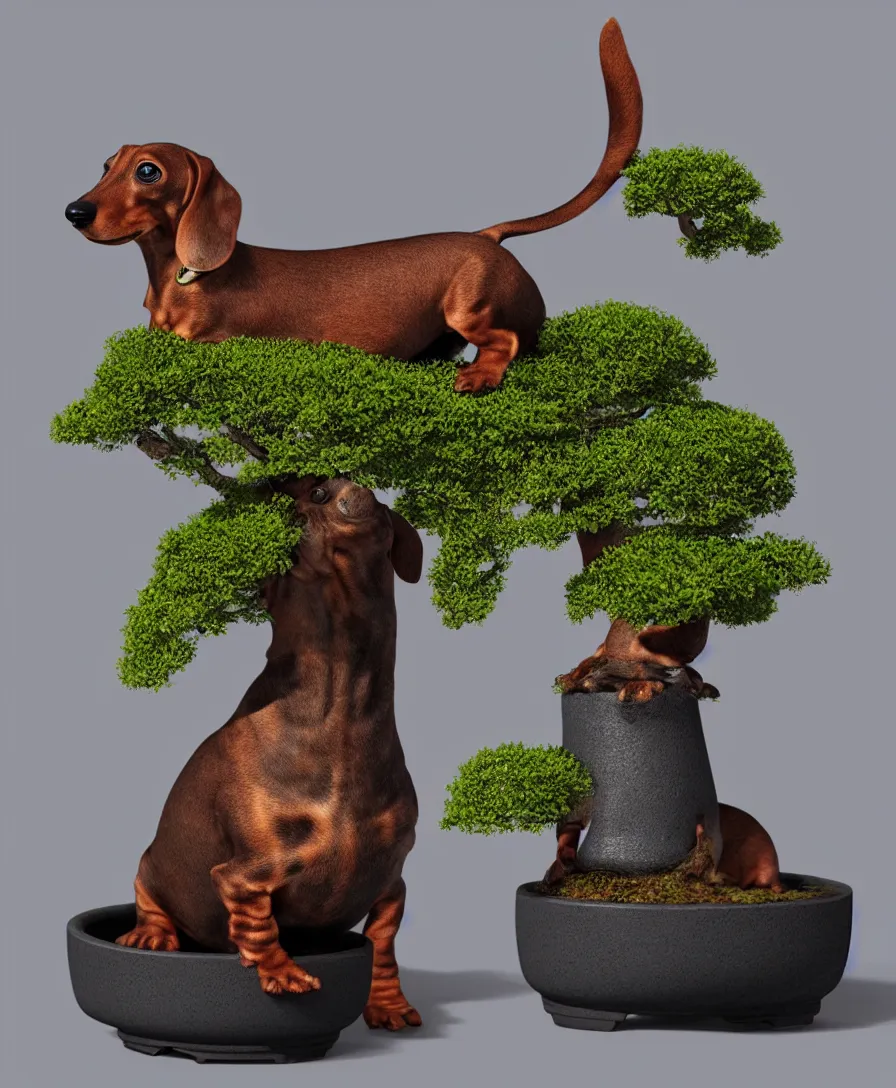 Prompt: Dachshund boabab hybrid in a bonsai pot, cinematic lighting, 8k, artstation