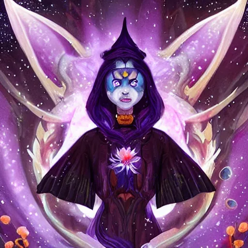 Prompt: a painted avatar portrait of an awesome cosmic powerful kitsune fox mage being themed around death and the stars and the cosmos, covered in flowers, holding an enchanted dagger, in the style of dnd beyond avatar portraits, beautiful, artistic, elegant, lens flare, magical, lens flare, nature, realism, stylized, art by jeff easley