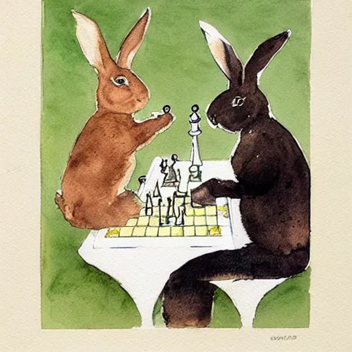 Image similar to two rabbits playing chess, in the style of anders zorn, watercolour