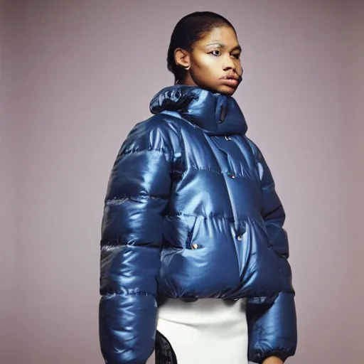 Image similar to realistic! photoshoot for a new balenciaga lookbook, color film photography, portrait of a beautiful woman wearing a puffer jacket, photo in style of tyler mitchell, 35mm