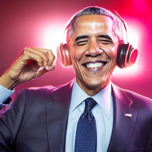 Image similar to professional photograph of president barack Obama DJing a party while wearing headphones, realistic, stock photo, 4K, professional journalistic photography, Getty images.