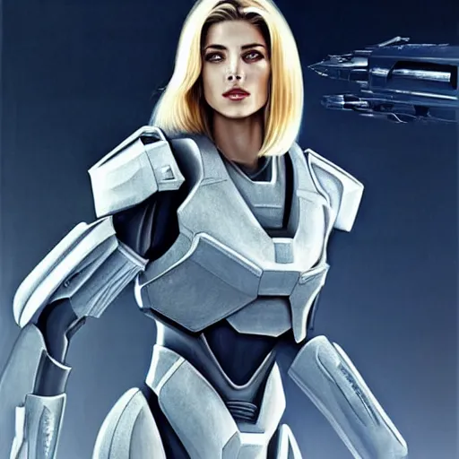 Image similar to A combination of Ashley Greene's and Adriana Dxim's and Grace Kelly's appearances with blonde hair wearing Forerunner armor from Halo, high tech, action shot, angular, full body portrait, futuristic, dramatic, fantasy, intricate, elegant, highly detailed, artstation, matte, sharp focus, 8K, art by Artgerm and Greg Rutkowski and Alphonse Mucha