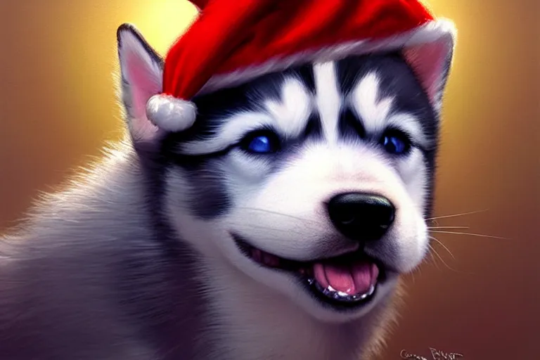 Prompt: cute husky puppy wearing a christmas hat, hyper detailed, digital art, artstation, cinematic lighting, studio quality, smooth render, by caravaggio, artgerm, greg rutkowski, craig mullins