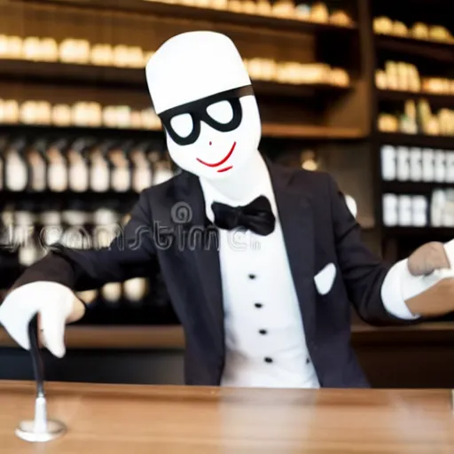 Prompt: slenderman working at starbucks, stock photo, cheerful lighting