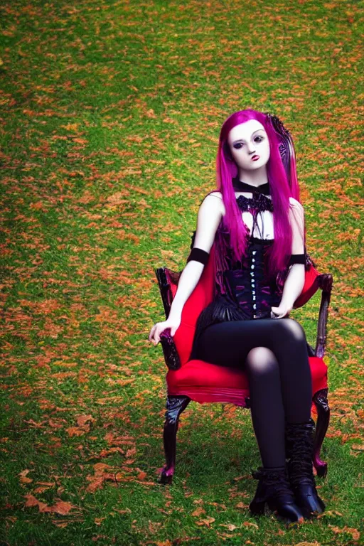 Image similar to full - length photo, young woman, sitting on chair, gothic clothes, 4 k, colourful